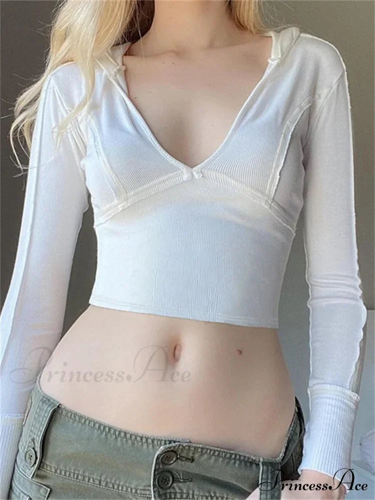 Hooded Ribbed Long Sleeve Deep V Neck Solid Color Slim Fit T-Shirts White / S