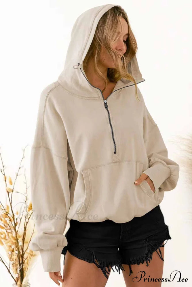 Hooded Sweatshirt With Zipper Pocket And Drawstring Apricot / S Sweatshirts