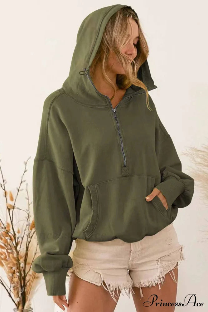 Hooded Sweatshirt With Zipper Pocket And Drawstring Army Green / S Sweatshirts