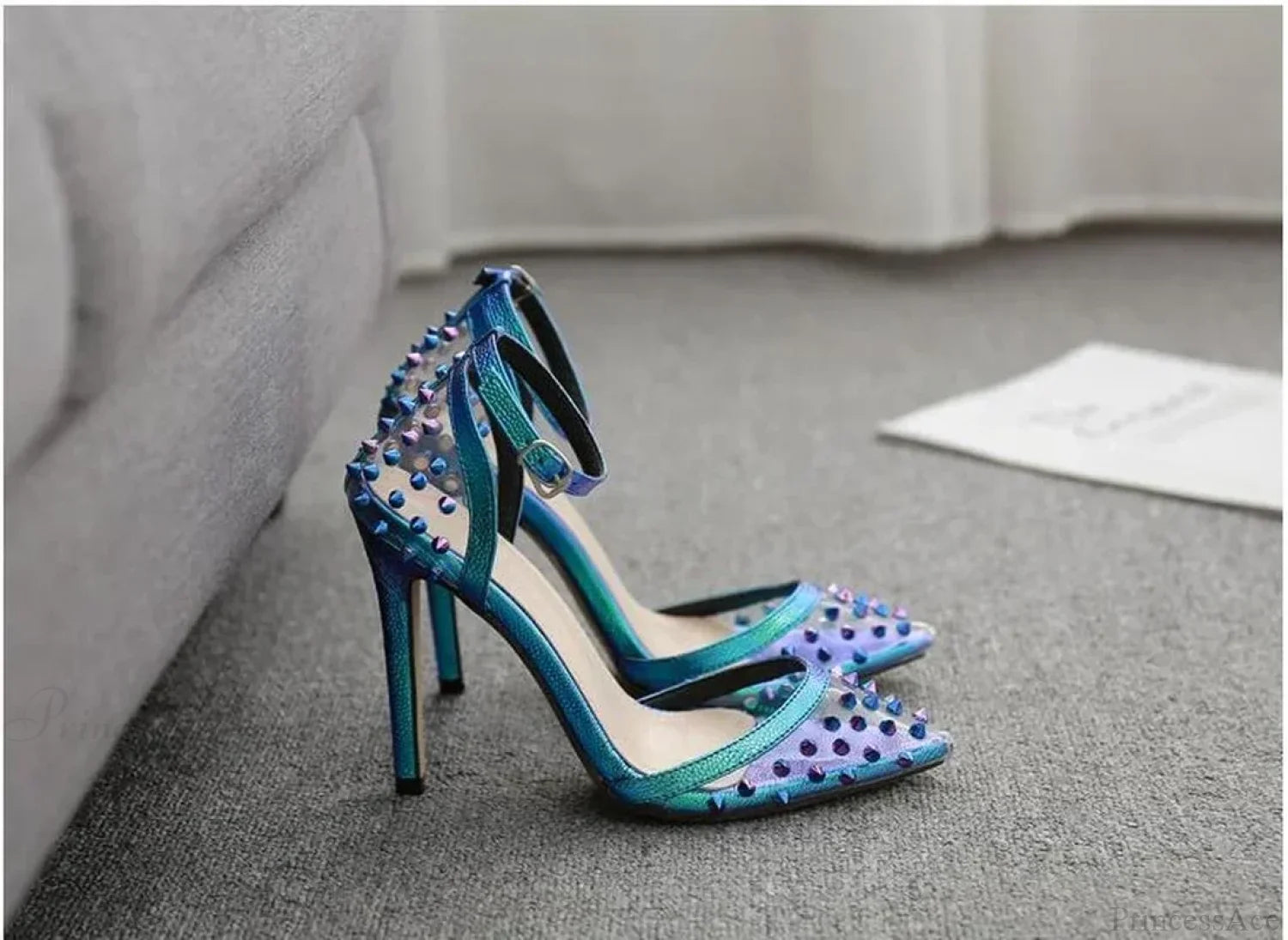 Hot Sexy Colorful Rivet Transparent Pvc Pumps Pointed Toebuckle Strap Cover Heel Ladies Party High