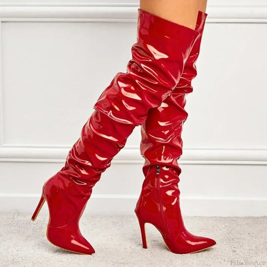 Hot Sexy Modern Boots Autumn Winter Patent Leather Elastic Over-The-Knee Slim Pointed Toe Zip Thigh