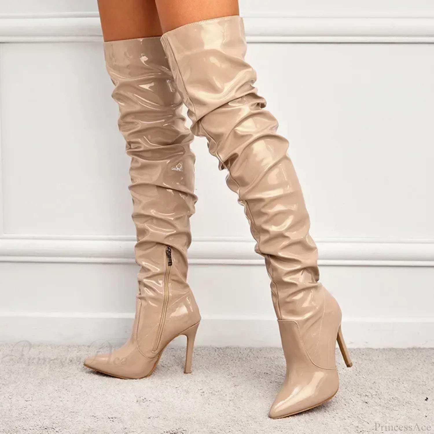 Hot Sexy Modern Boots Autumn Winter Patent Leather Elastic Over-The-Knee Slim Pointed Toe Zip Thigh