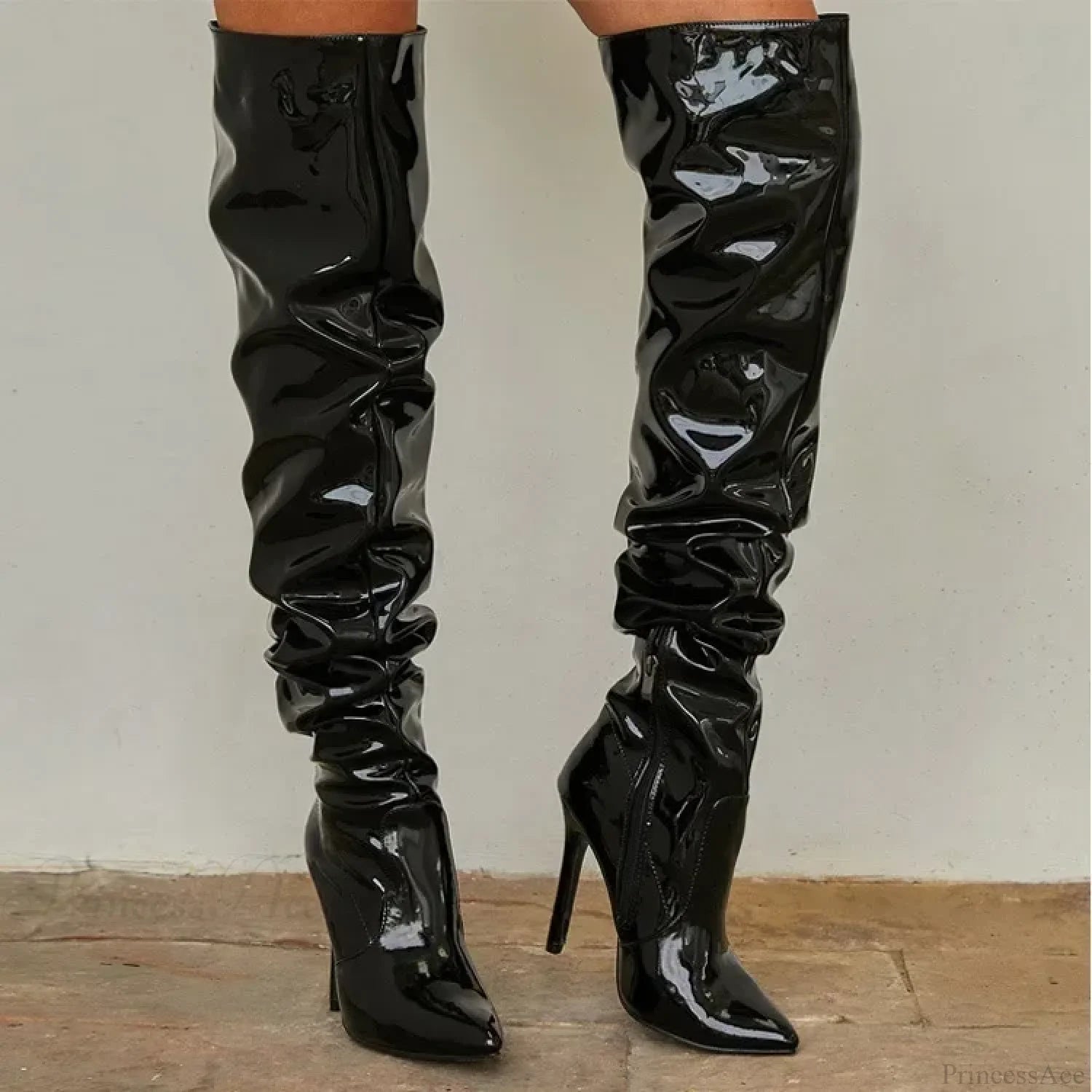 Hot Sexy Modern Boots Autumn Winter Patent Leather Elastic Over-The-Knee Slim Pointed Toe Zip Thigh