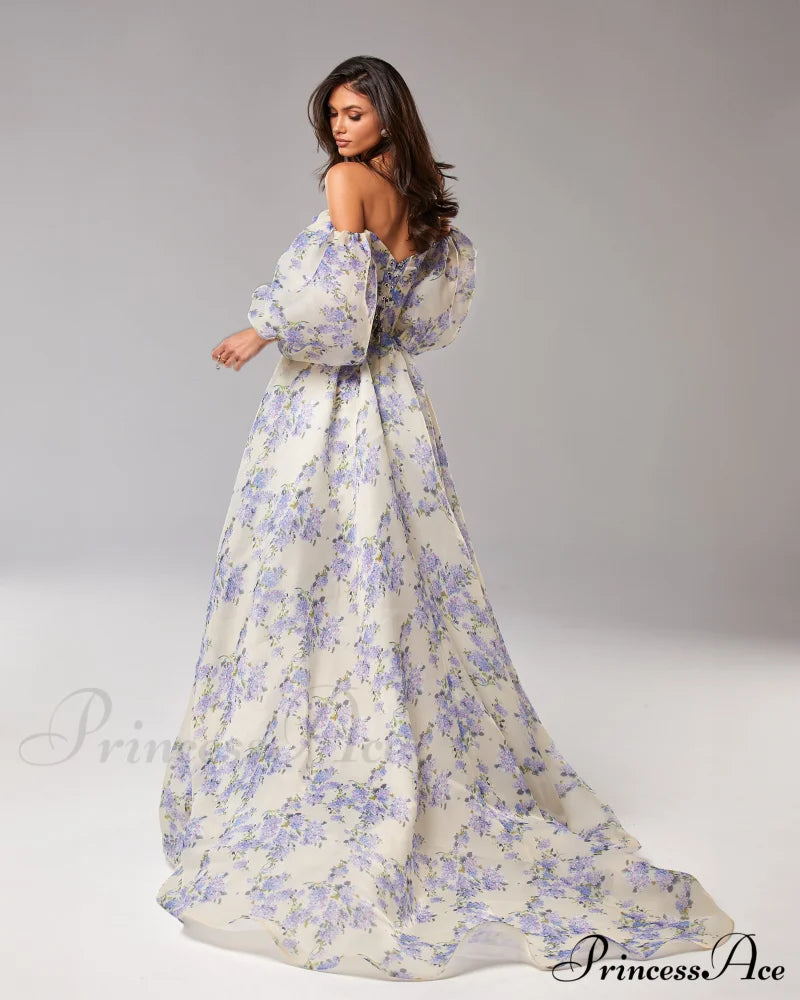 Hydrangea Elegant Floral Charming Puff Sleeve Maxi Dress
