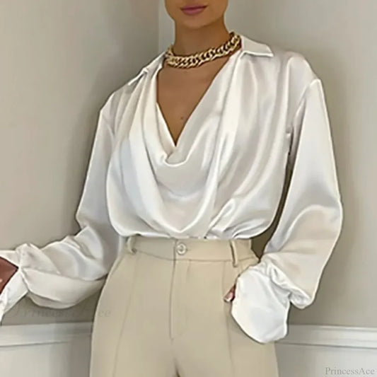 Ice Silk Loose Casual Satin Long Sleeve Blouse Beige / S blouse-250126