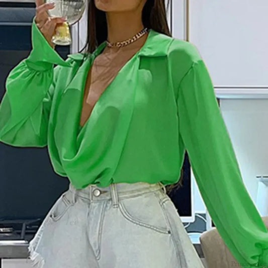 Ice Silk Loose Casual Satin Long Sleeve Blouse Green / S blouse-250126