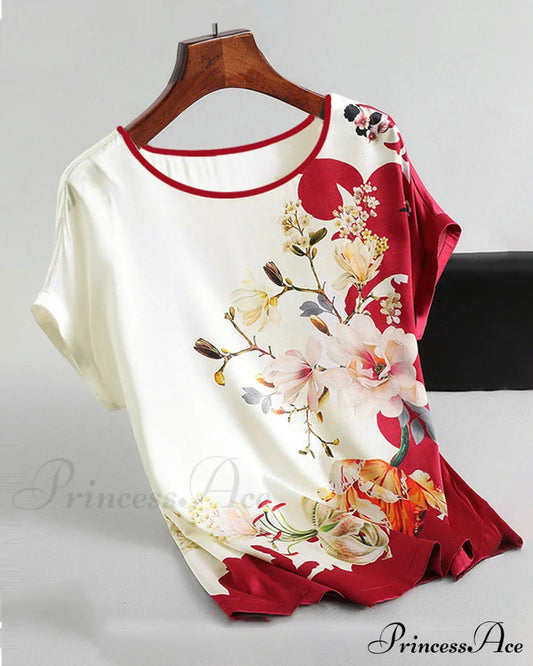 Printed ice silk short-sleeved t-shirt Red 23BF clothes Short Sleeve Tops T-shirts Tops/Blouses
