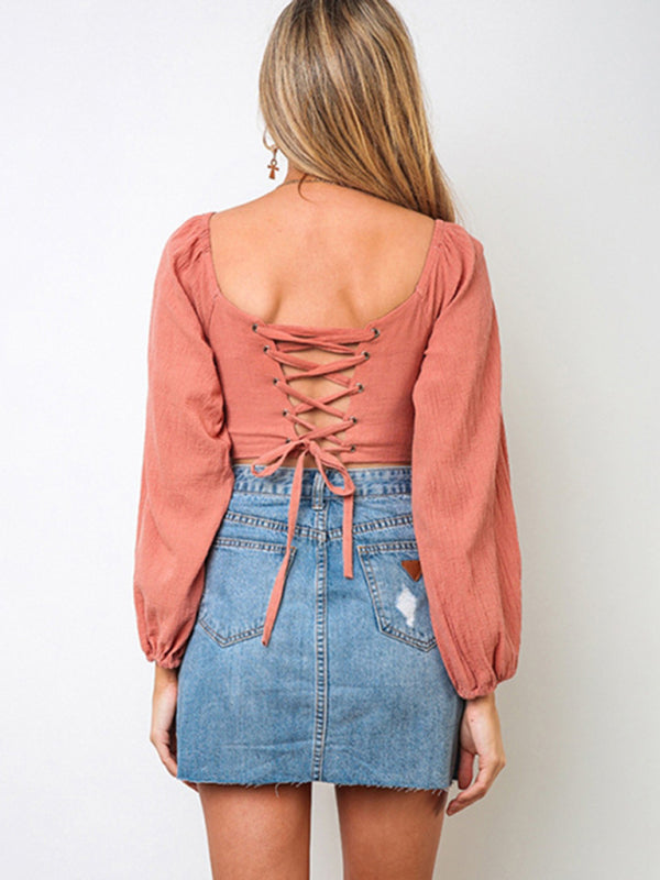 Long-Sleeved With Strap Crop Top V-Neck Women’s Tie