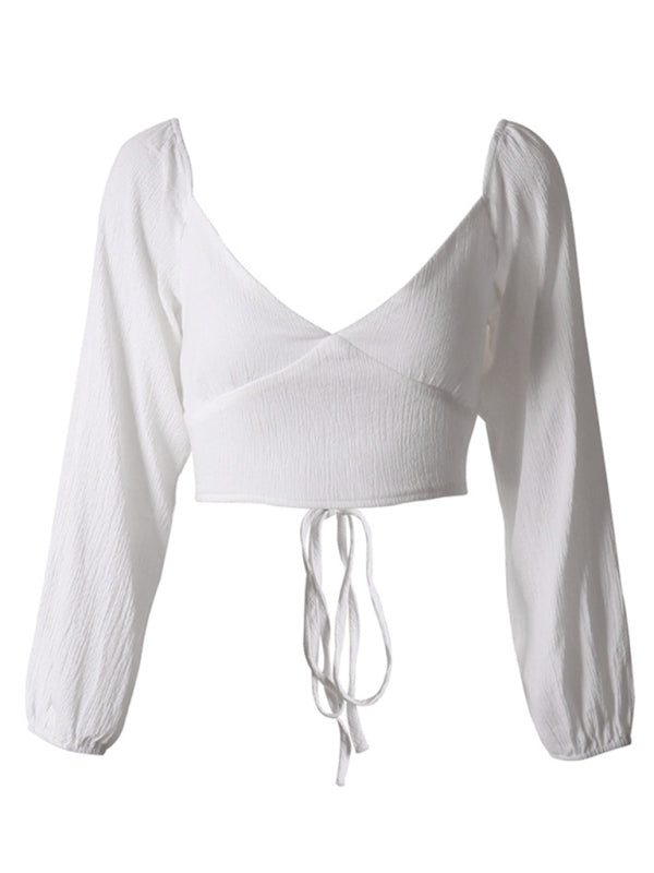 Long-Sleeved With Strap Crop Top V-Neck Women’s Tie
