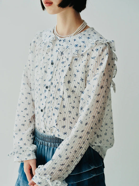 Japanese Floral Navy Collar Long Sleeve Shirt white / S blouse-250126