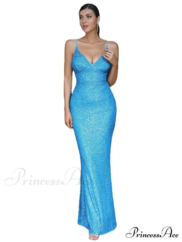 Irene Formal Backless Charming Glitter Mermaid Dress Lake Blue / S S.o. Long Dresses