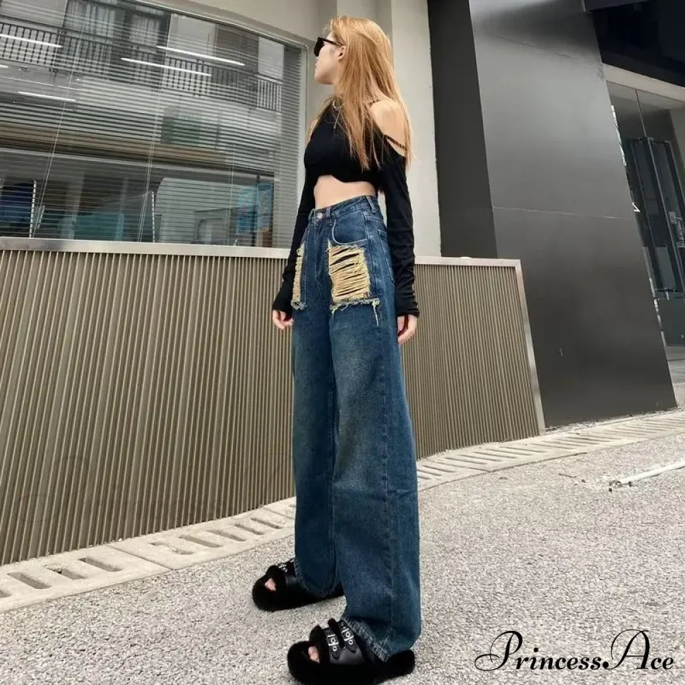 Irregular Perforated American Vintage High Waist Slim Design Floor Dragging Jean