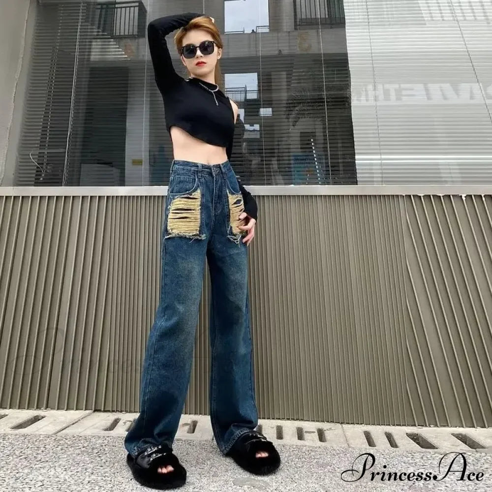 Irregular Perforated American Vintage High Waist Slim Design Floor Dragging Jean