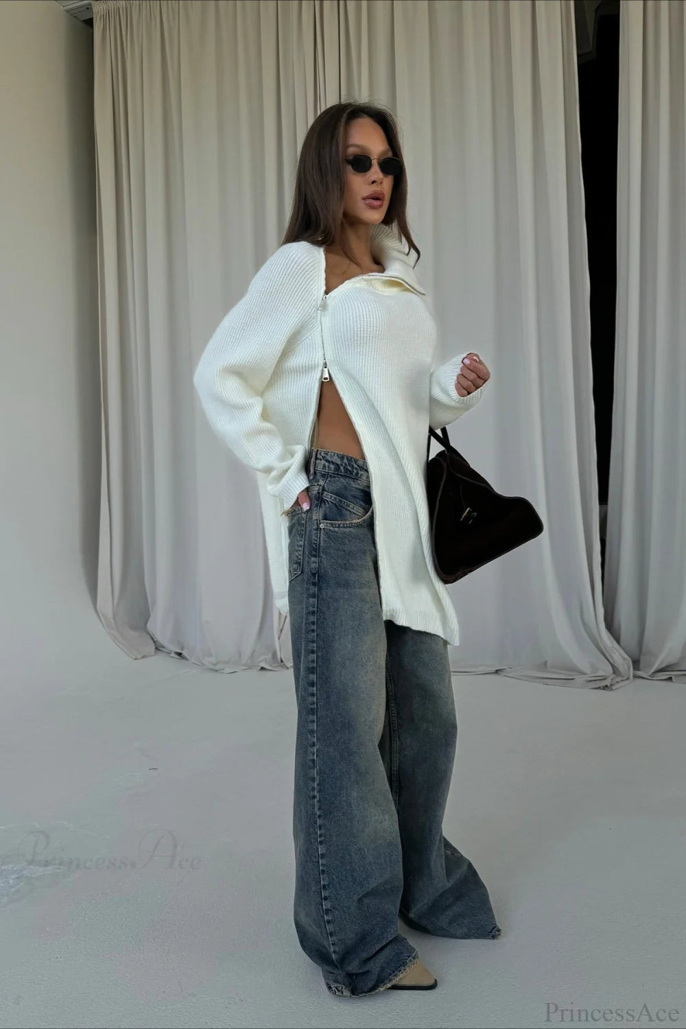 Irregular Zip High Neck Mid-Length Loose Sweater