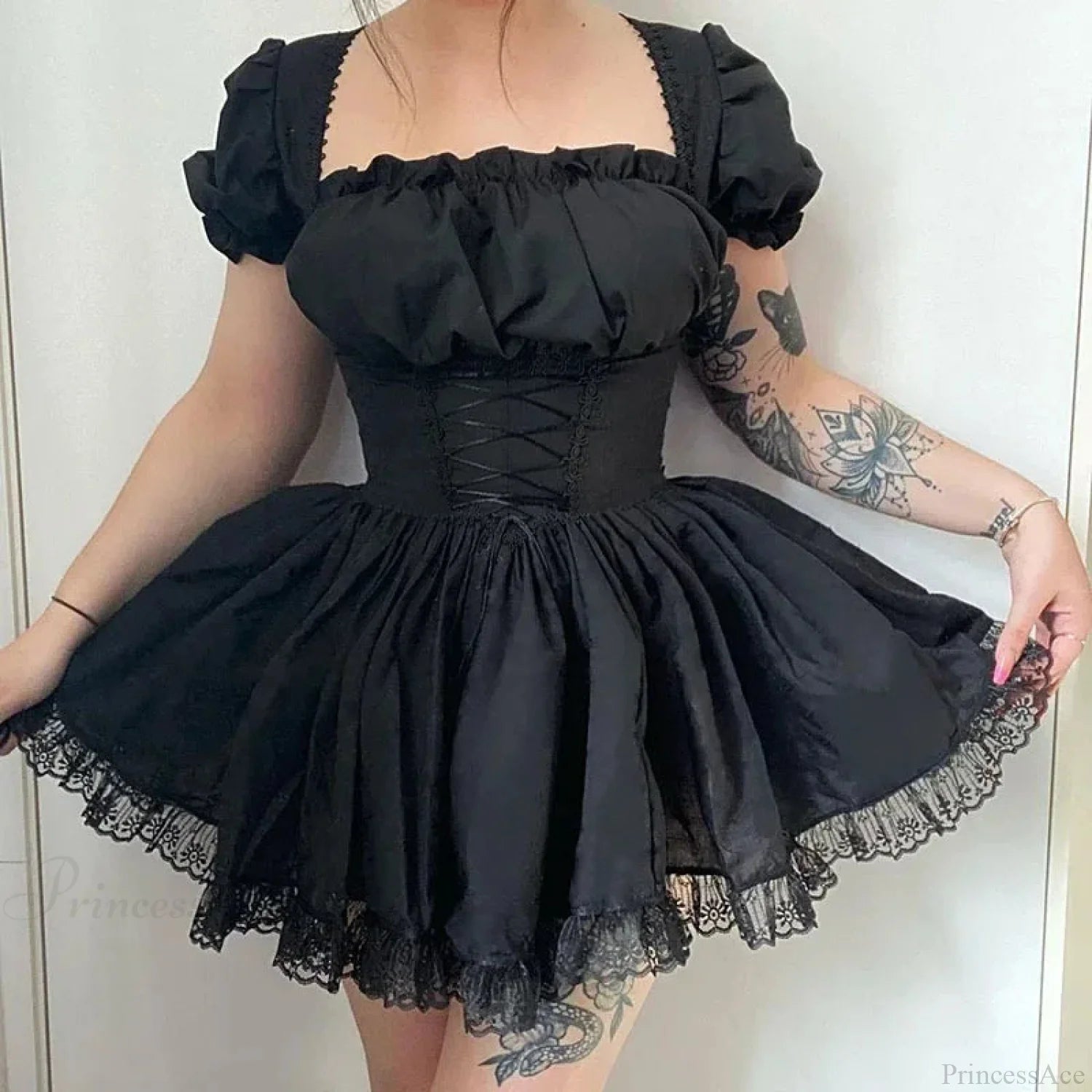 Ivory Lace Puff Small Dress Short black / S