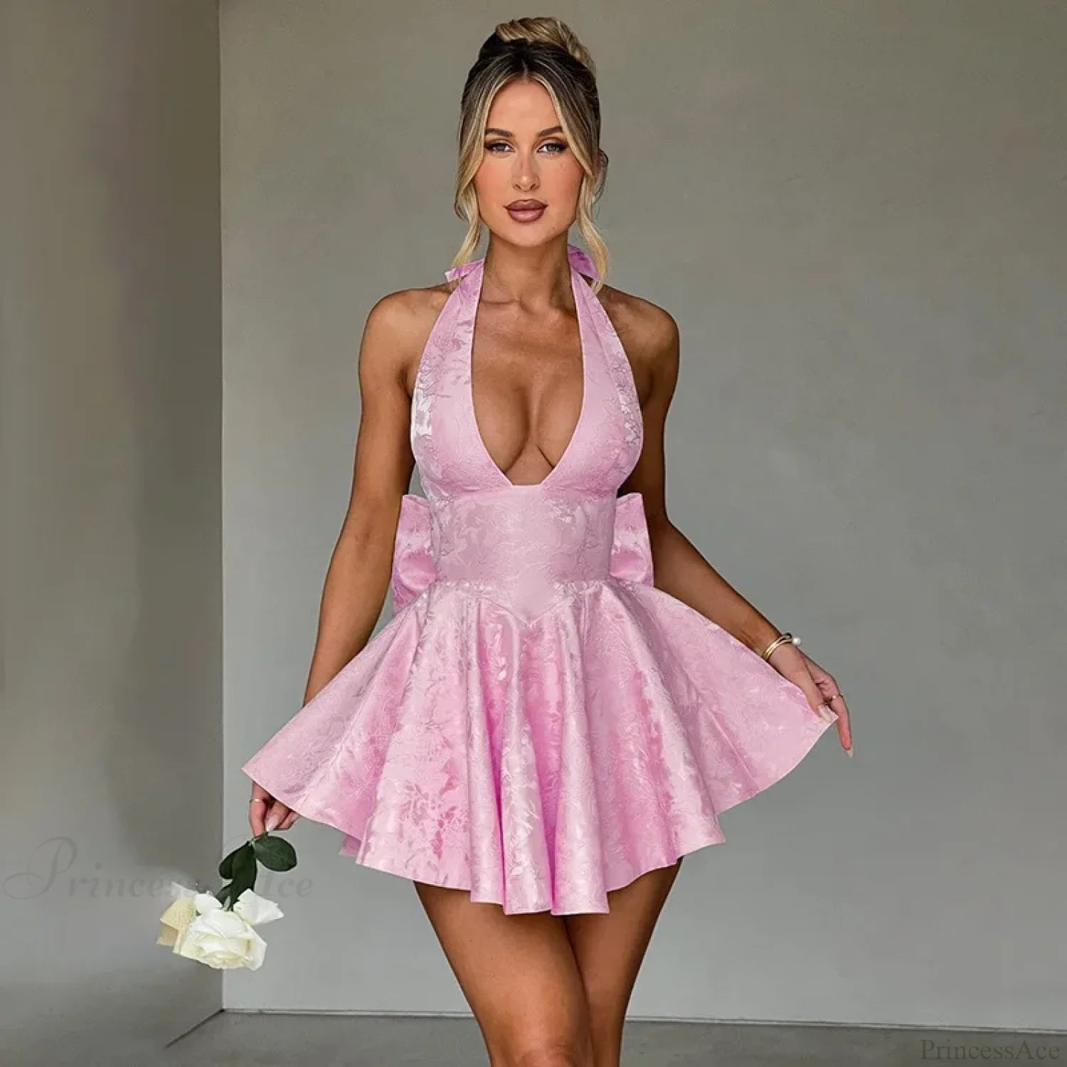 Jacquard Bow Waist Wrap Vacation Dress Pink / XS vacationdress-250223