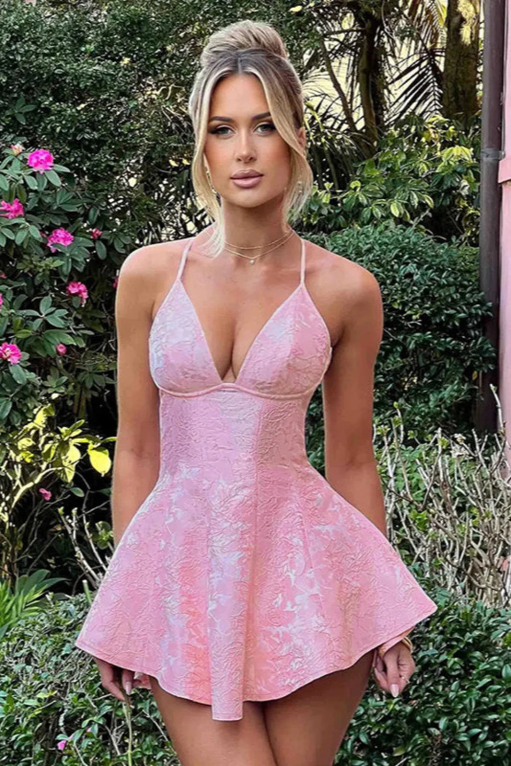 Jacquard Deep V Fitted A-Line Mini Dress Pink / S