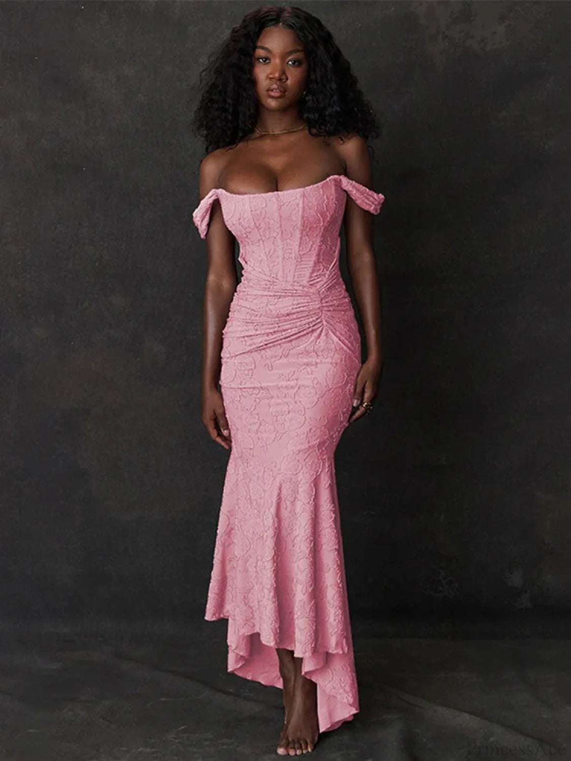 Jacquard Off Shoulder Mermaid Vacation Dress Pink / S vacationdress-250223