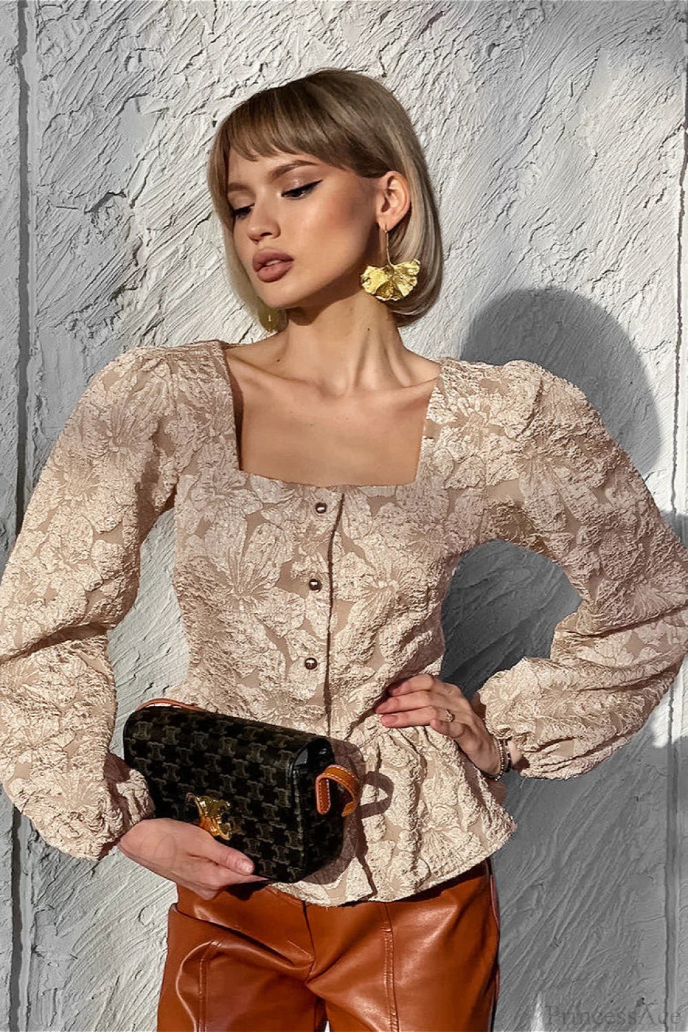 Jacquard Sophisticated Square Neck Puff Sleeve Blouse Khaki / S