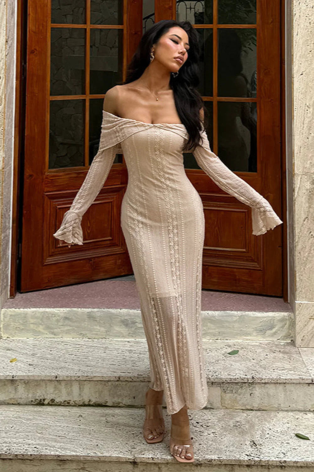 Jacquard Waist Cinched Off Shoulder Bodycon Maxi Dress