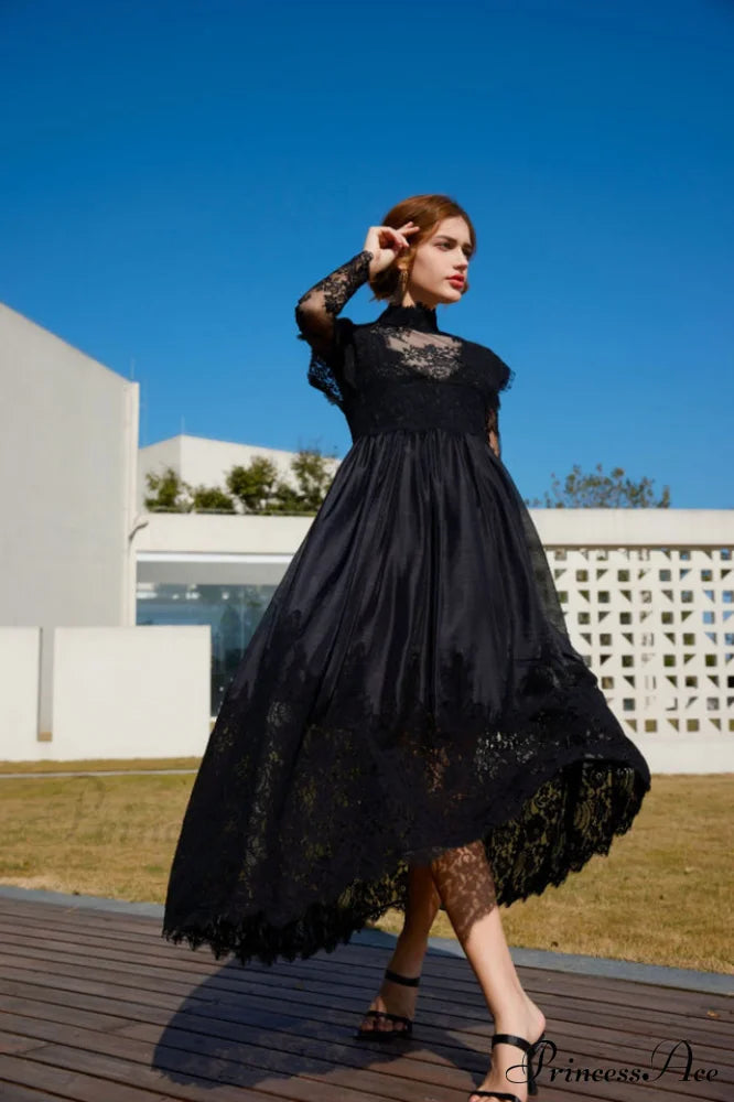 Jamie Black Floral Charming Lace Stitching Dress