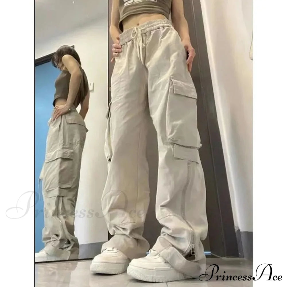 Jeans Leg High Pants Vintage Waist Wide Cargo Straight White Y2K Denim American Baggy Trouser / S