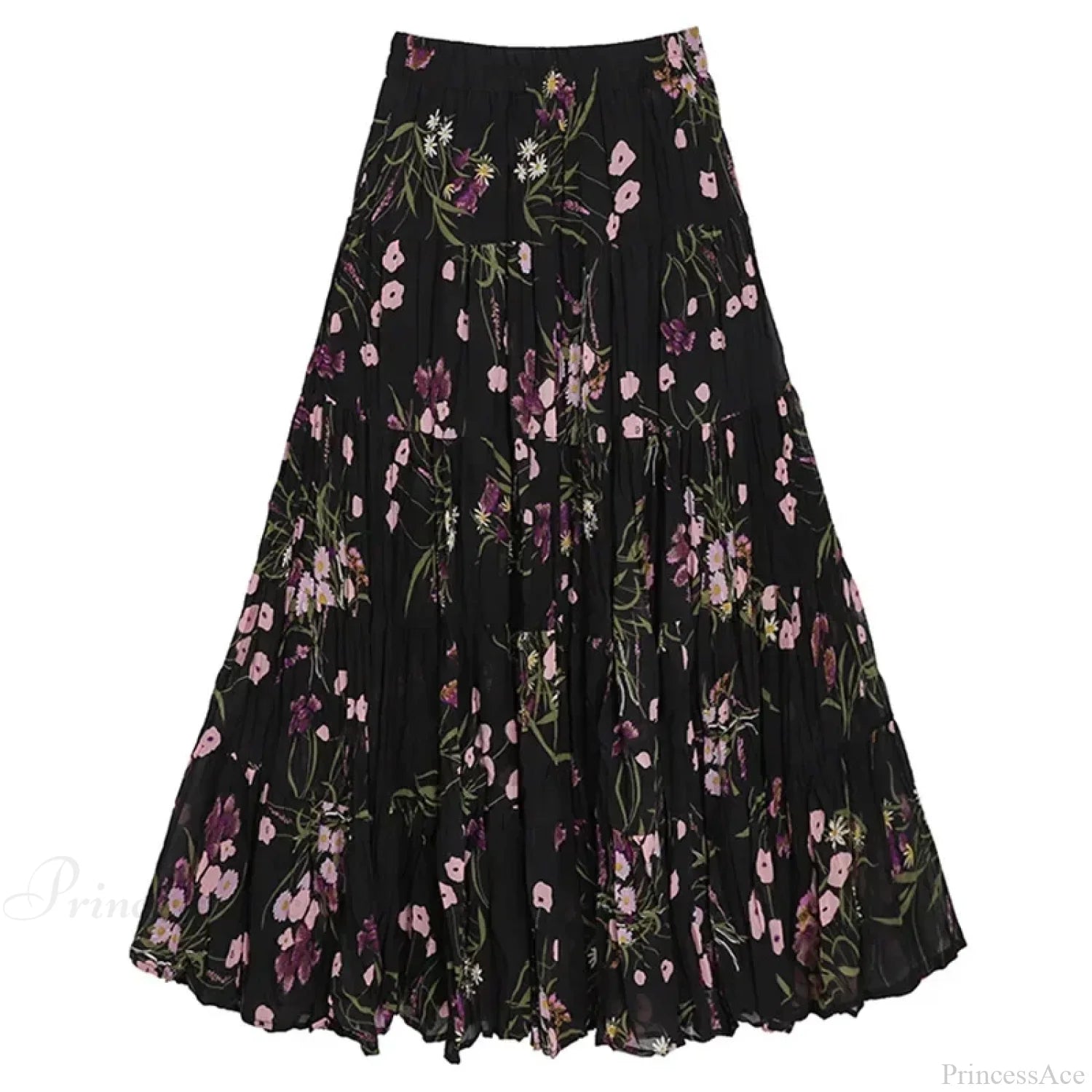 Kawaii Bohemian Floral Maxi Skirt Summer Retro Romantic black / One Size skirt-250126