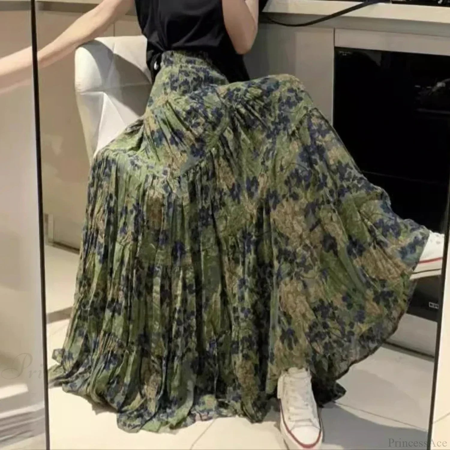 Kawaii Bohemian Floral Maxi Skirt Summer Retro Romantic leaves / One Size skirt-250126