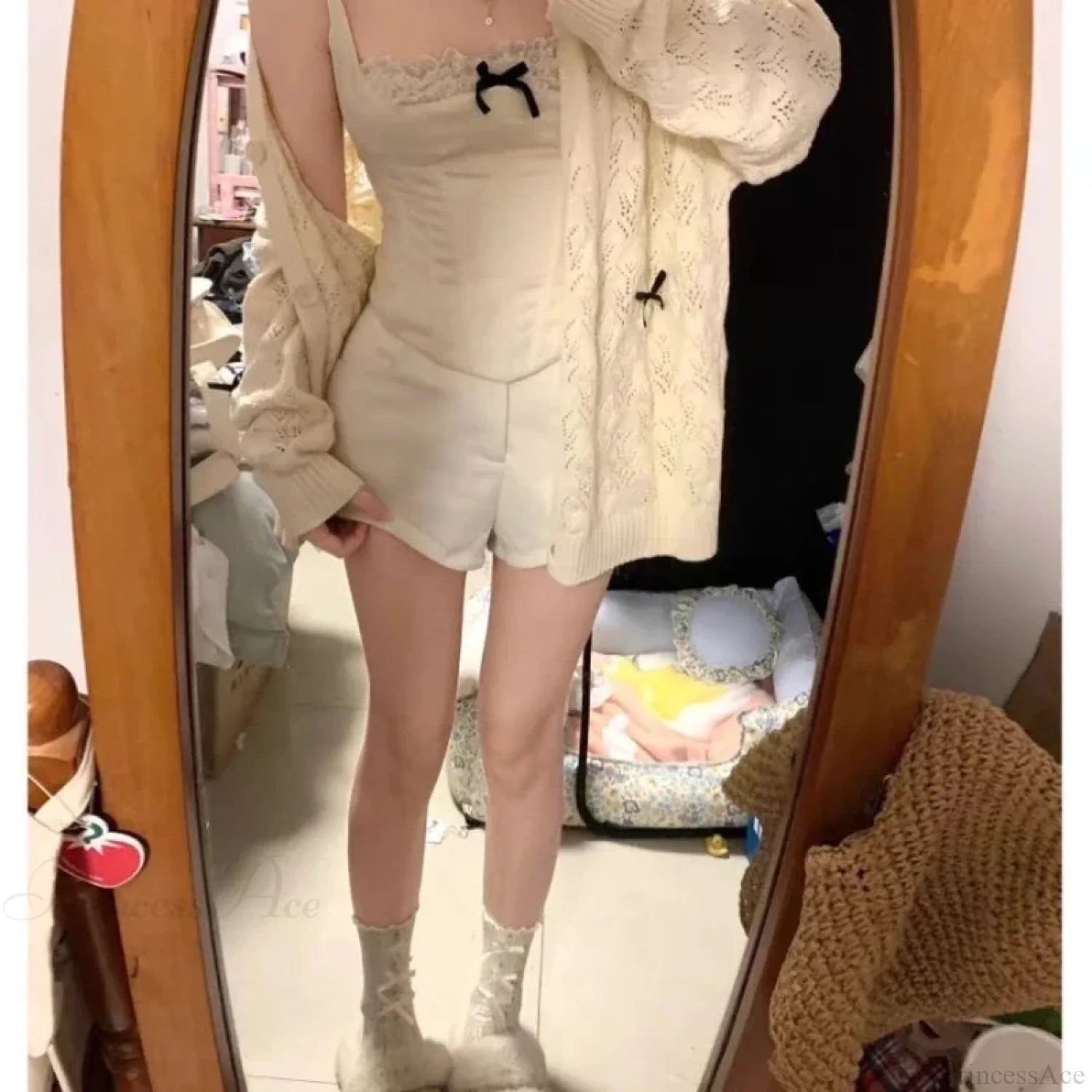 Kawaii Bow Hollow Out Solid Knit Cardigan cardiagn-250126