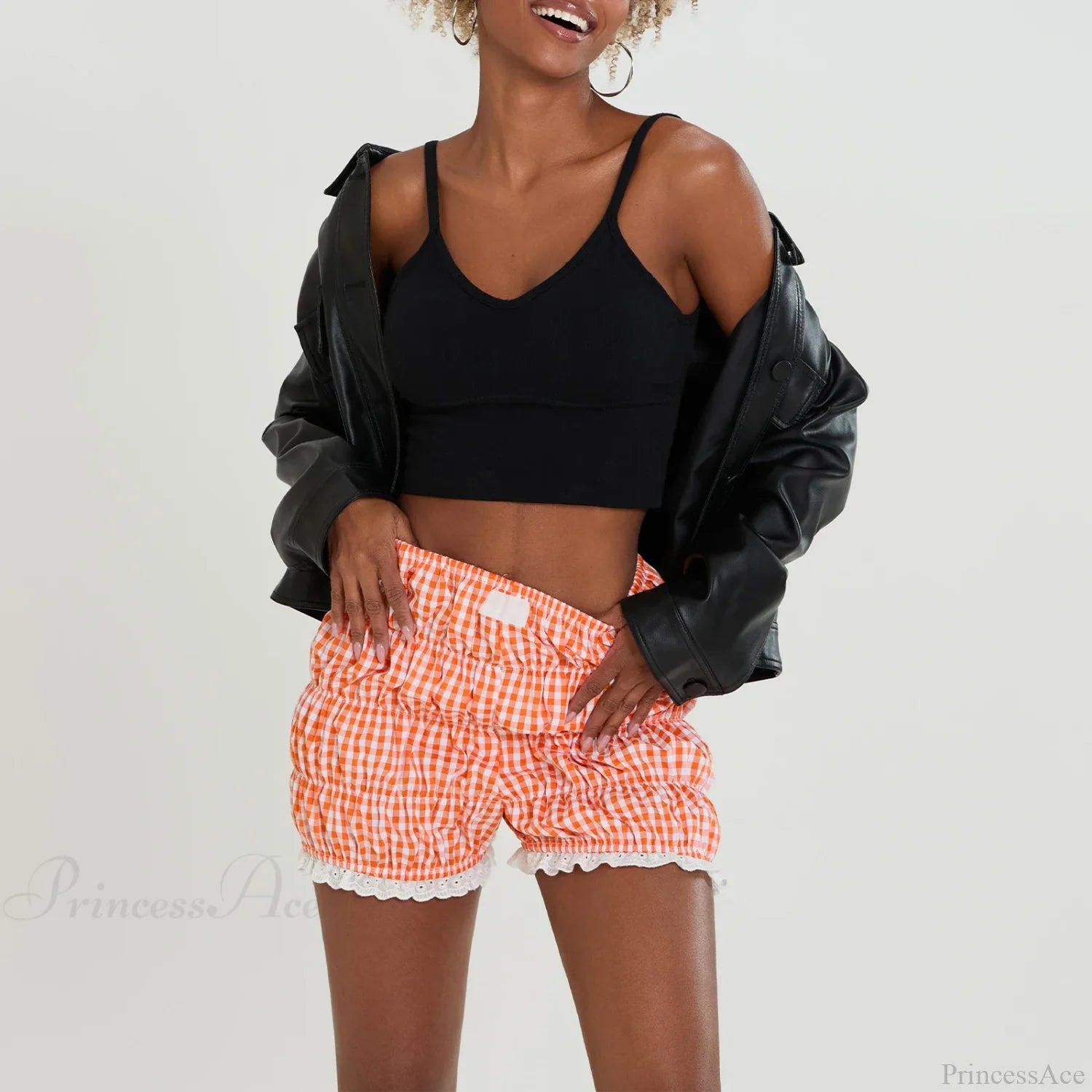 Kawaii Lace Hem Plaid Bloomer Short short-250223