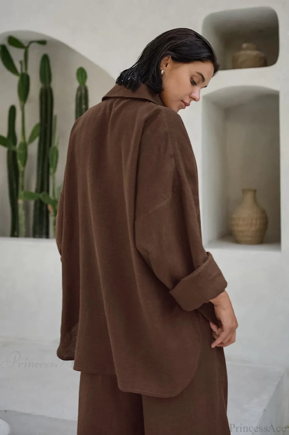 Khaki Cotton Linen Relaxed Long Sleeve Two Piece Set