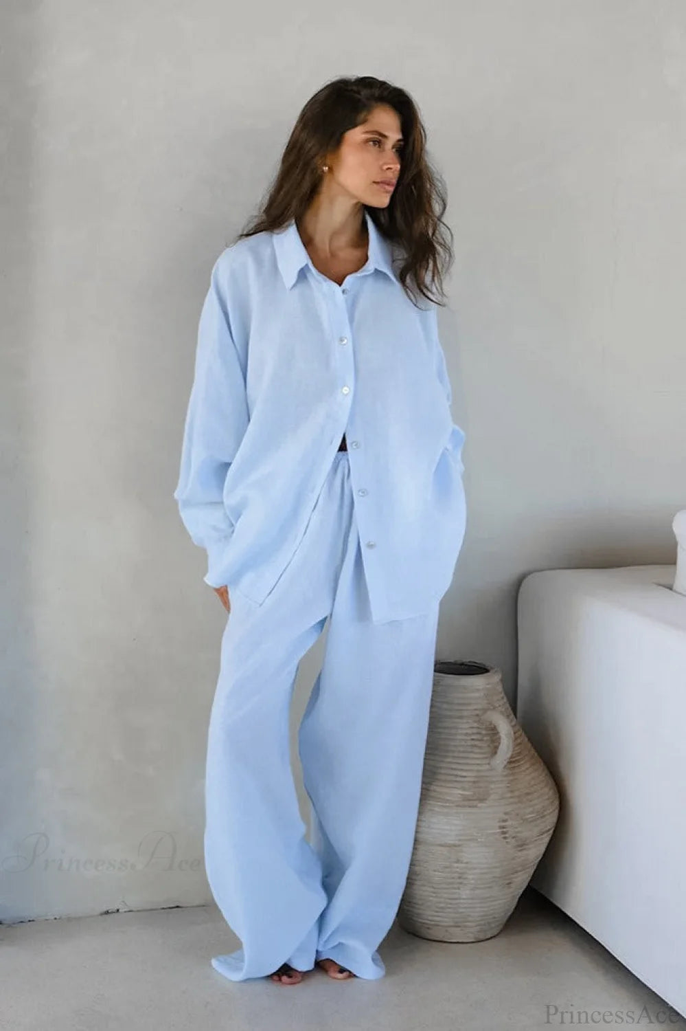 Khaki Cotton Linen Relaxed Long Sleeve Two Piece Set