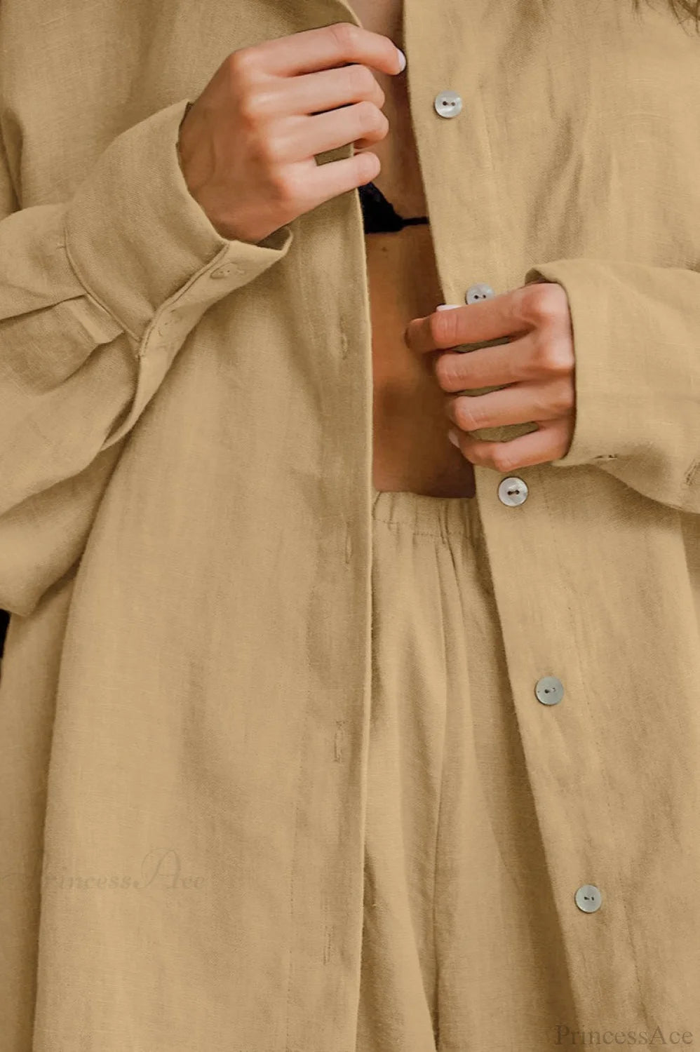 Khaki Cotton Linen Relaxed Long Sleeve Two Piece Set