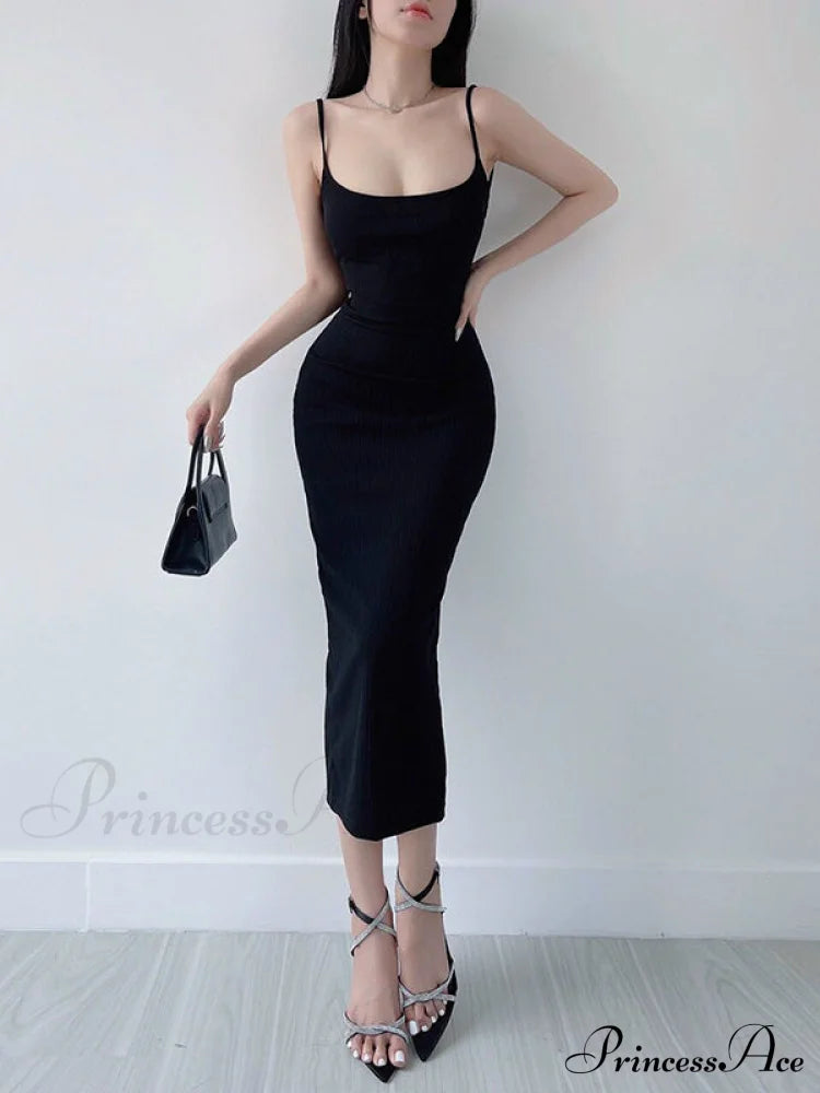 Khaki Midi Bodycon Dress With Spaghetti Straps And Ruched Detail L / Black Khaki Bodycon Midi Dress