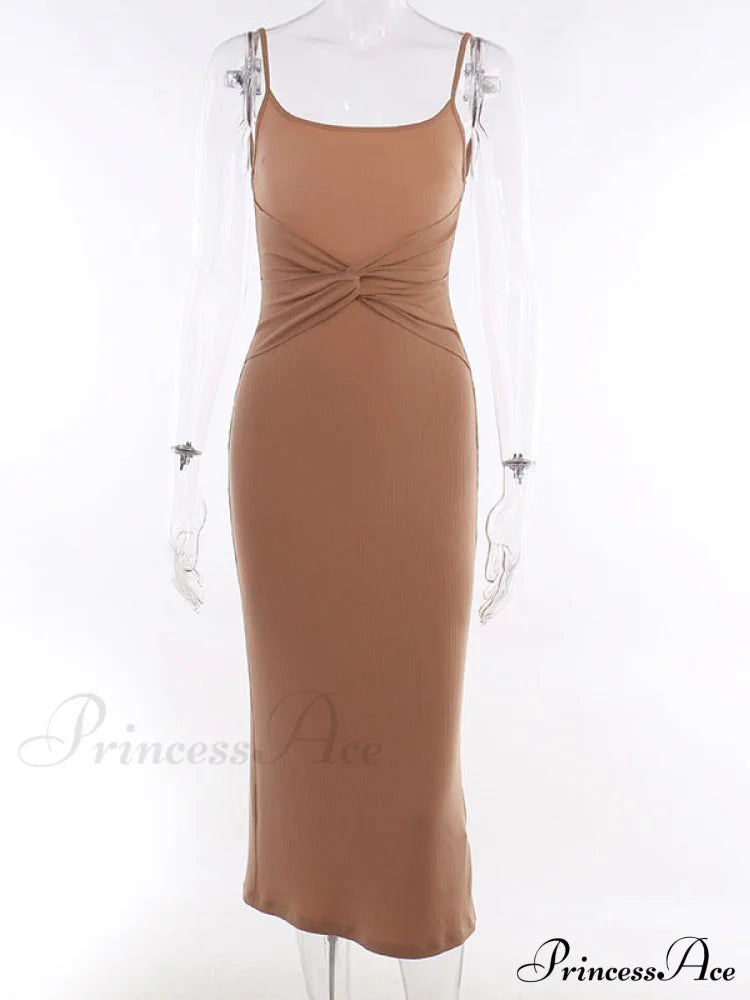 Khaki Midi Bodycon Dress With Spaghetti Straps And Ruched Detail S / Khaki Bodycon Midi Dress