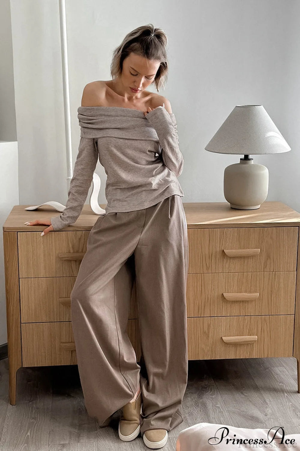 Khaki Off Shoulder Slim Knit Long Sleeve Tee