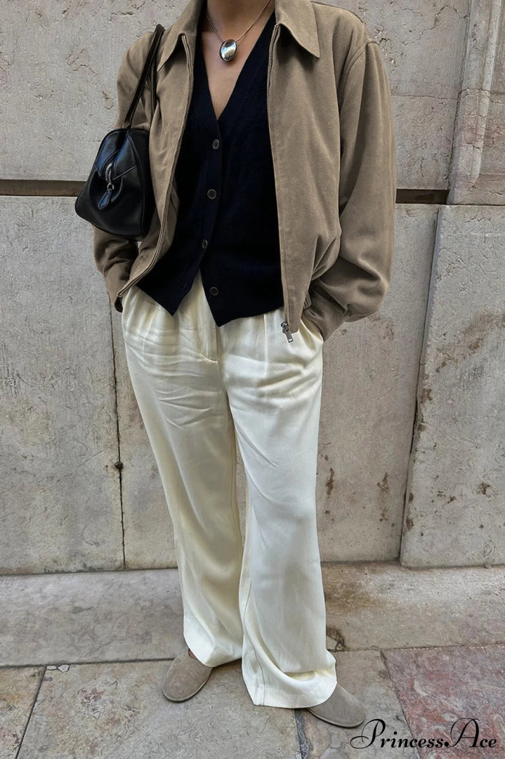 Khaki Suede Collared Oversized Retro Coat