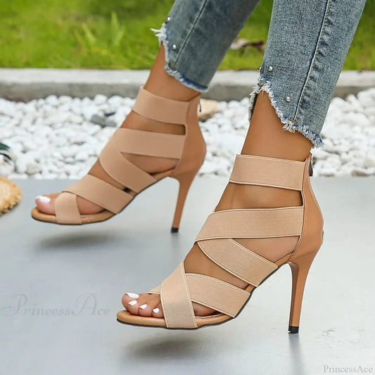 Khaki Super High Heel Sandals Sexy Open Toes Elastic Broadband Zipper Gladiator Party Wedding