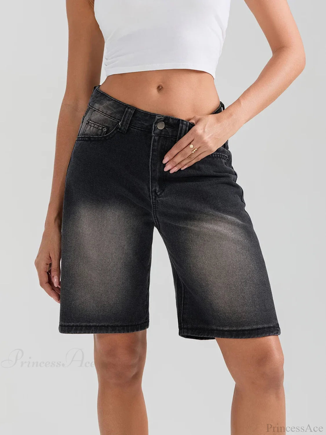 Knee-Length Button Denim Short short-250223
