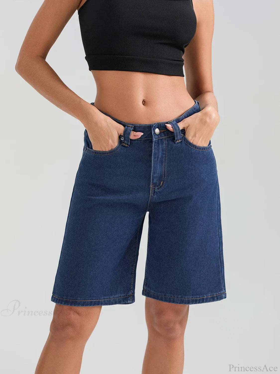 Knee-Length Button Denim Short short-250223