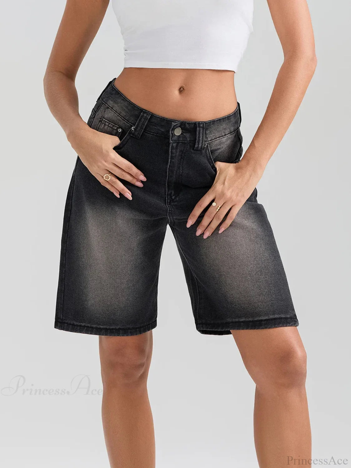 Knee-Length Button Denim Short short-250223