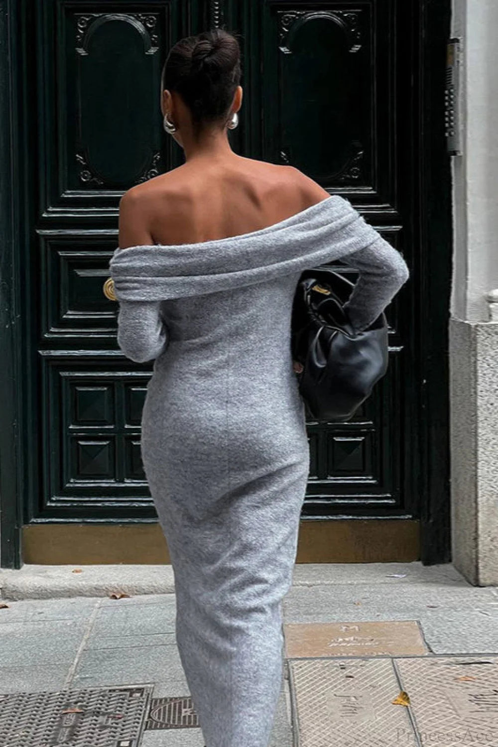 Knit Fitted Off Shoulder Long Sleeve Maxi Dress
