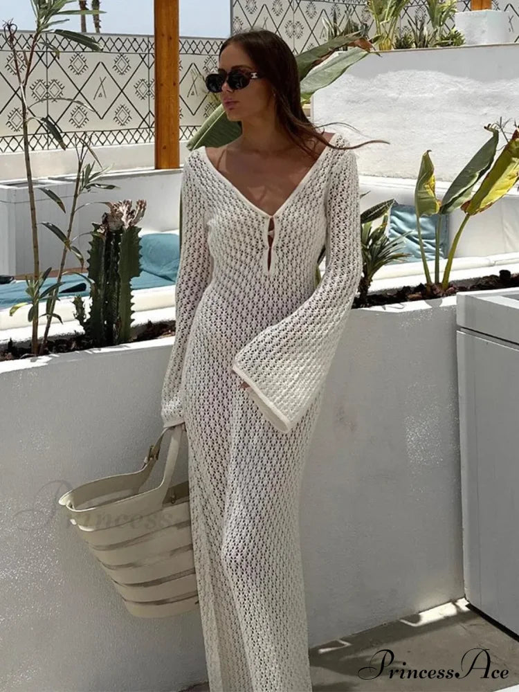 Knit Flare Stylish Long Sleeve Dress Hollow-Out