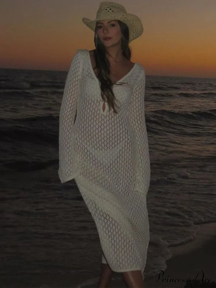 Knit Flare Stylish Long Sleeve Dress Hollow-Out