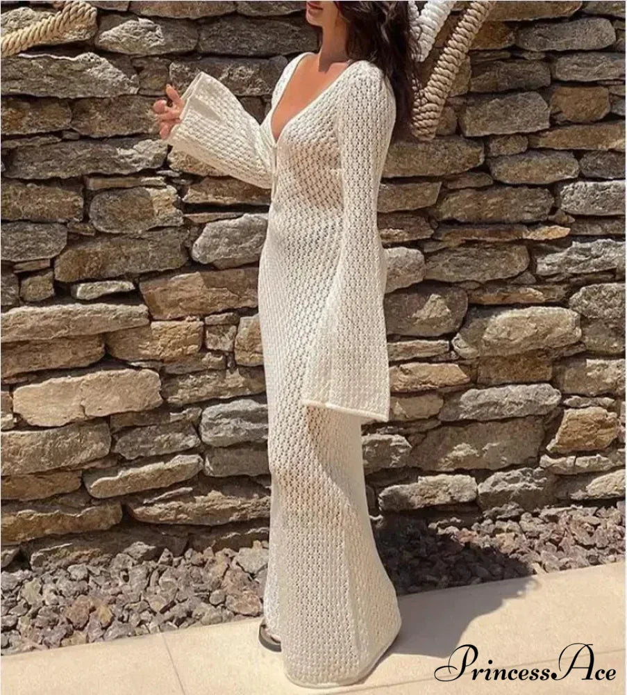 Knit Flare Stylish Long Sleeve Dress Hollow-Out