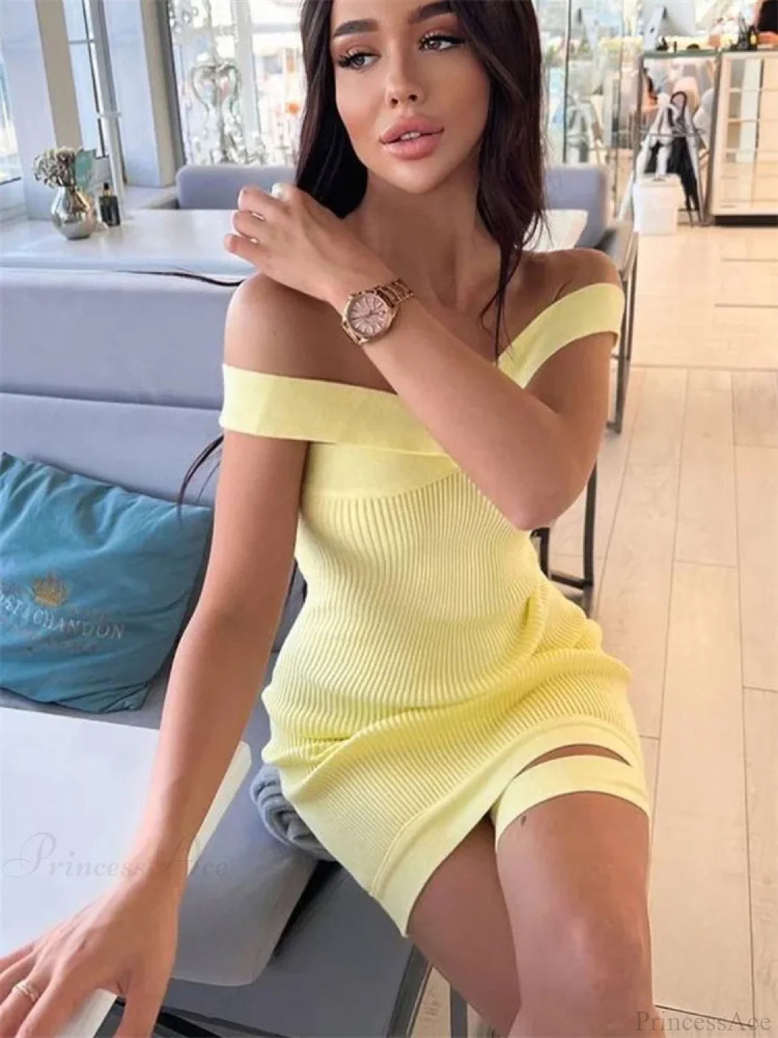 Knit Halter Bandage Mini Dress Yellow / S minidress-250223