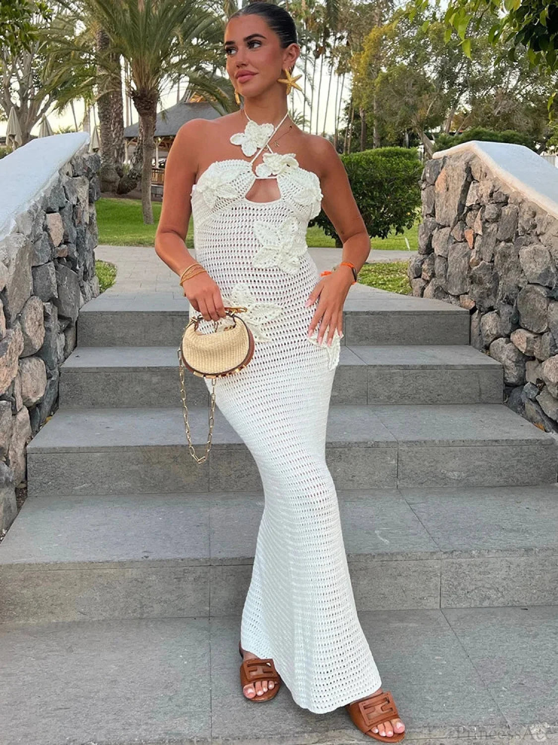 Knit Halter Blue 3D Flowers Vacation Dress vacationdress-250223