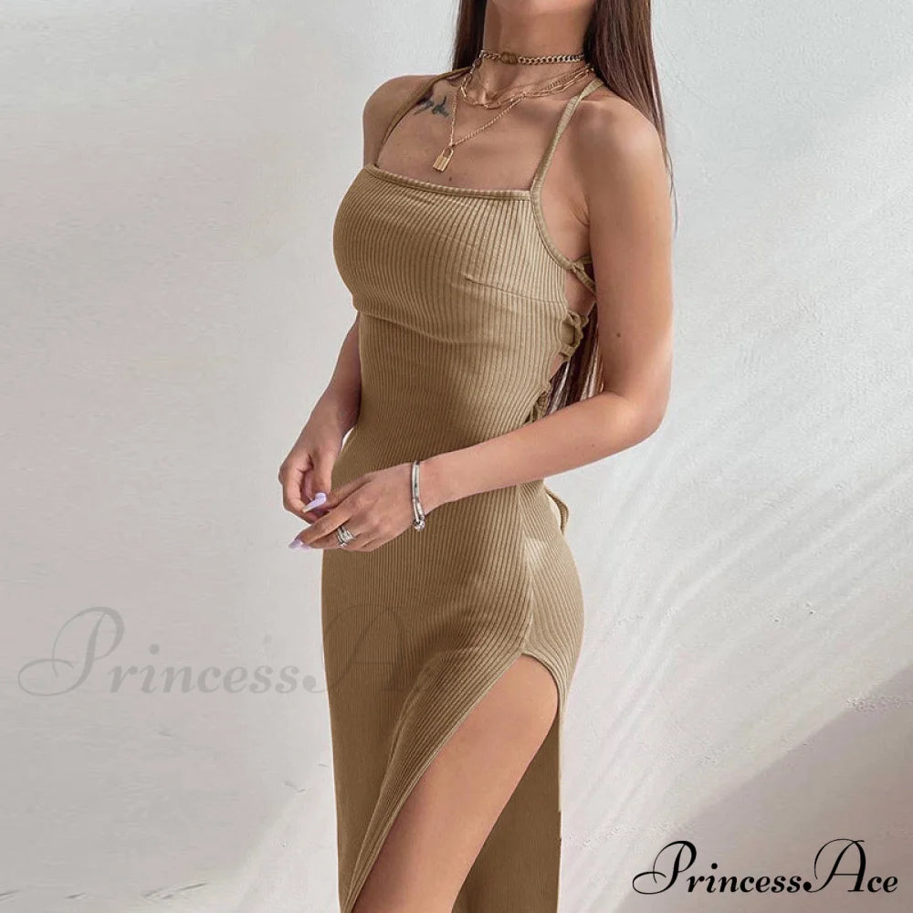 Knit Split Thigh Dress In Green L / Green Knit Slit Dress