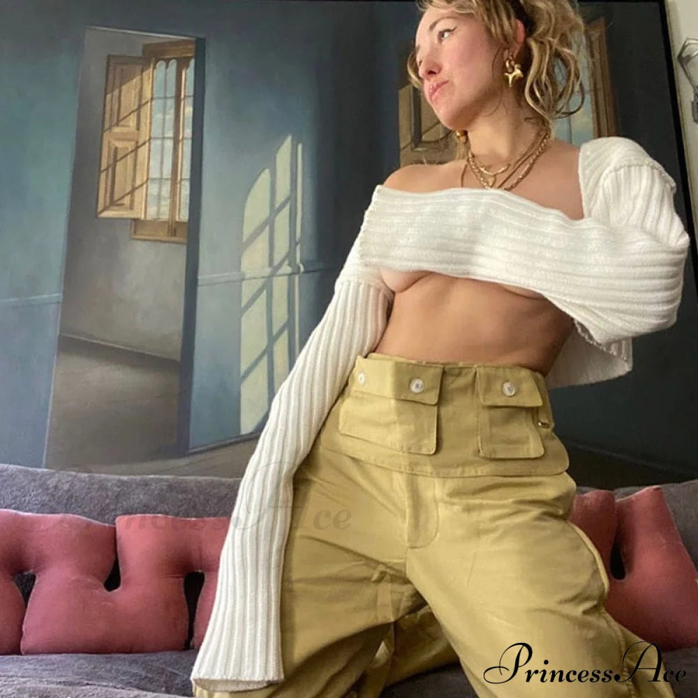 Knit Sweater Stylish Cropped Sleeve Sweaters-L