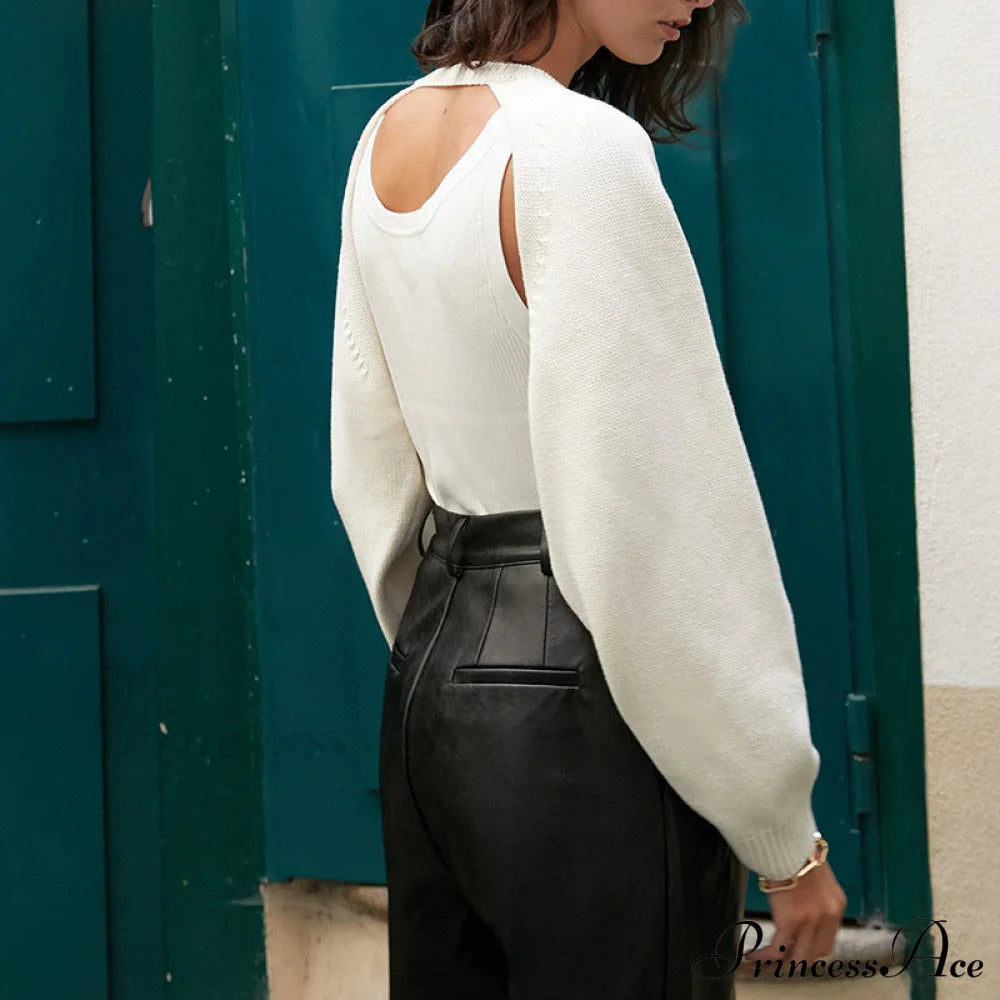 Knit Sweater Stylish Cropped Sleeve Sweaters-L